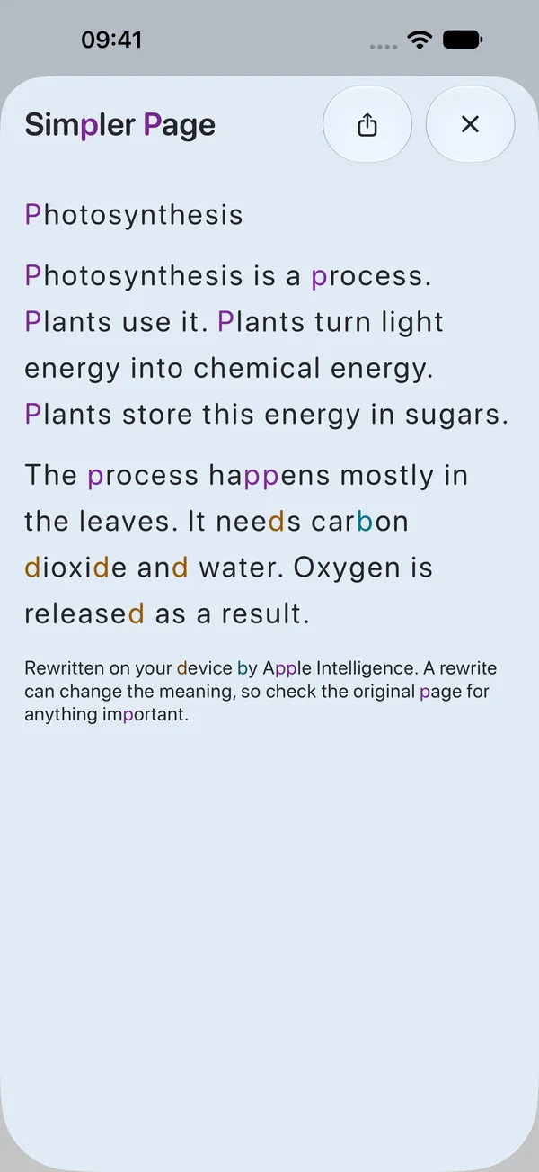 A dense paragraph about photosynthesis rewritten by ClearPage in short, plain sentences.